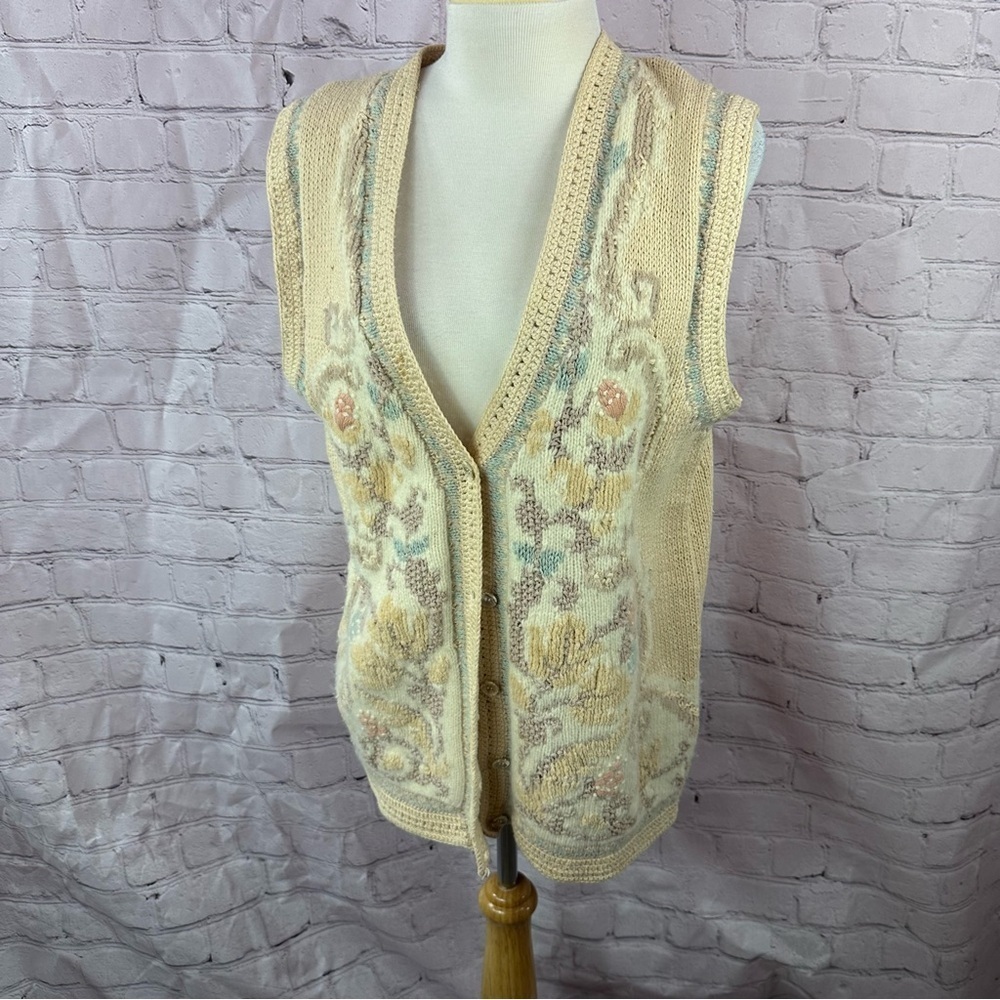 vintage Marisa Christina Hand-Knit Floral sweater cardigan Vest sz Large